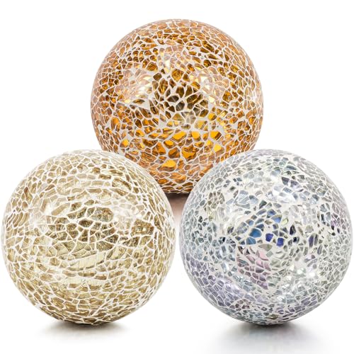 Decorative Mosaic Glass Balls Set - 3 Pcs 3.35 Inch Gold Silver Mix Colors