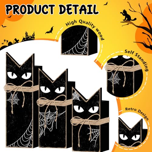 Halloween Black Cat Wooden Tiered Tray Decor Set - 3 Pack, Rustic Spooky Home Accent