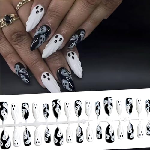 Halloween Ghost Press On Nails - Gothic Fake Nails with Glue - Medium Almond, 30Pcs