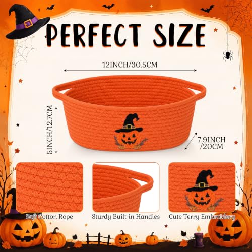 Halloween Pumpkin Basket Set - Woven Cotton Rope Storage Bins with Handle - Orange Witch Hat Design, 12x8x5 Inches - Variation of Pumpkin