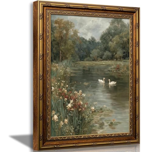 Vintage Gold Framed Impressionist Swan Lake Landscape Painting 12x16 Inch - Swans