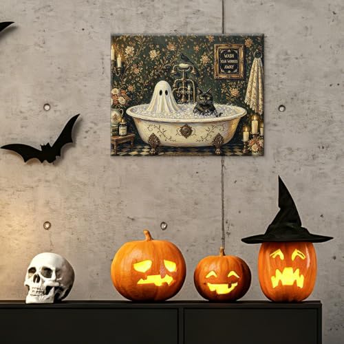 Halloween Wall Art Vintage Ghost and Cat Bathing Canvas - WashWorry Variation
