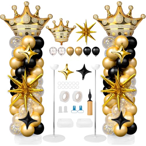 Black and Gold Balloon Column Stand Kit with Foil & Latex Balloons for Party Decorations - Adjustable Floor Tower