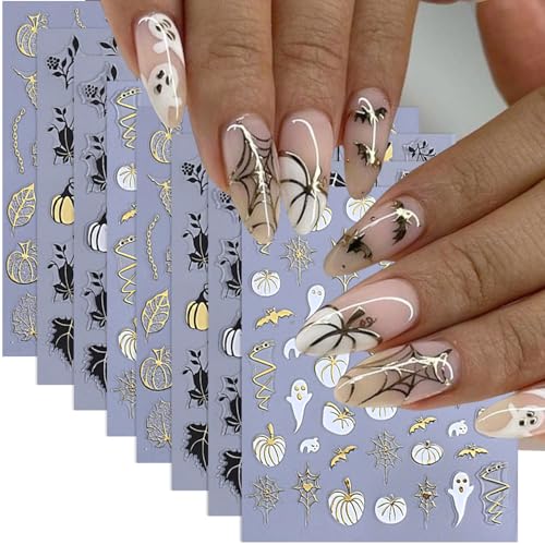 Halloween Nail Stickers Set - 8 Sheets Fall Nail Art Decals for Women - Ghost Spider Web Pumpkin