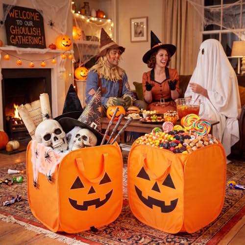 Halloween Pumpkin Candy Buckets Set - Foldable 25 Gallon Trick-or-Treat Baskets