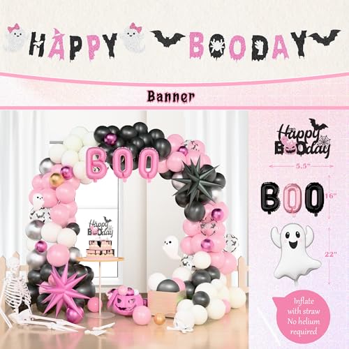 Pink Halloween Birthday Decorations Party Kit with Balloons Banners & Backdrop