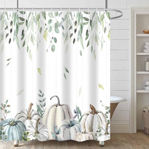 Pumpkins Fall Leaves Shower Curtain - Farmhouse Autumn Botanical Bathroom Decor - 72x84 Inch, Waterproof Fabric, Pack of 1