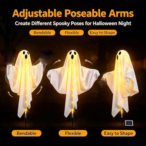 3-Pack Solar Halloween Ghost Pathway Lights with Adjustable Arms - Warm White, Waterproof, 25 Inches Tall