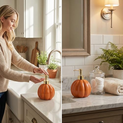 Halloween Pumpkin-Shaped Ceramic Soap Dispenser with Golden Pump - Orange