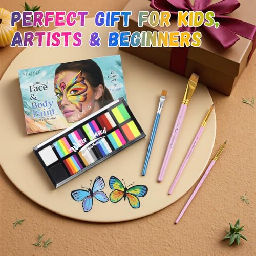 Water-Based Rainbow Face Paint Kit for Adults - 12 Colors & 4 Brushes, Halloween & Cosplay