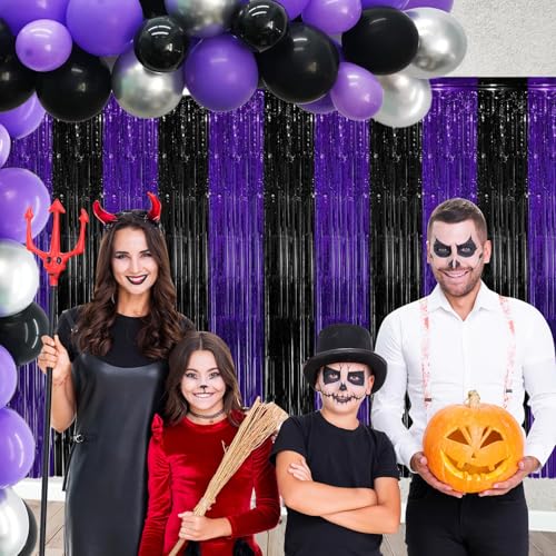 4 Pack Purple Black Fringe Backdrop Halloween Party Decorations - Fringe Curtains