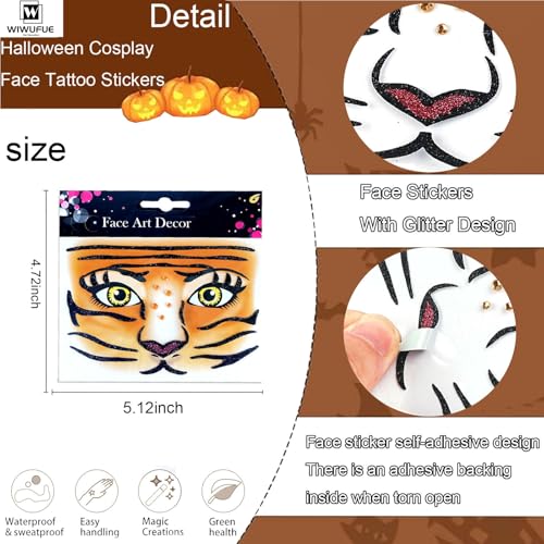 Wild Animal Face Tattoo Stickers - Leopard & Tiger Glitter Temporary Body Art for Halloween, Cosplay, Festivals - 2 Sheets