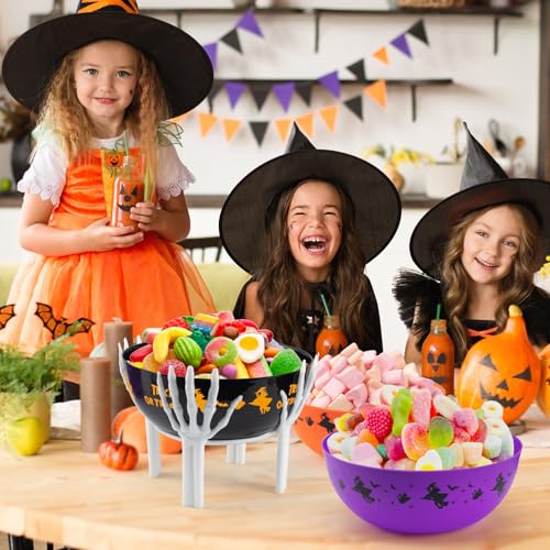 Halloween Candy Bowl Set - 10 Inch Large Plastic Trick or Treat Baskets with Holder - White