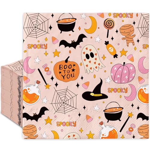 Halloween Ghost Pumpkin Spider Web Paper Napkins Set - Pink 100 Pack - Party Supplies