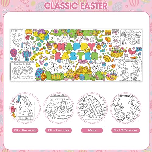 Large Easter Coloring Table Cloth - Spring Rabbits & Flowers Kids Poster - Easter Party Supplies - 30x72 Inches
