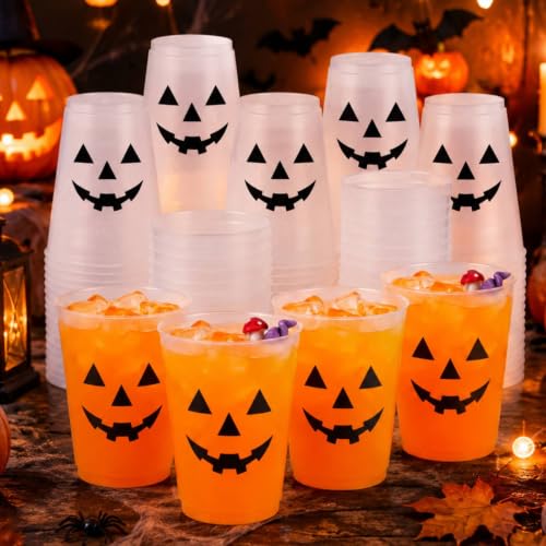 Halloween Black 16 oz Frosted Plastic Pumpkin Face Cups - Bulk Set
