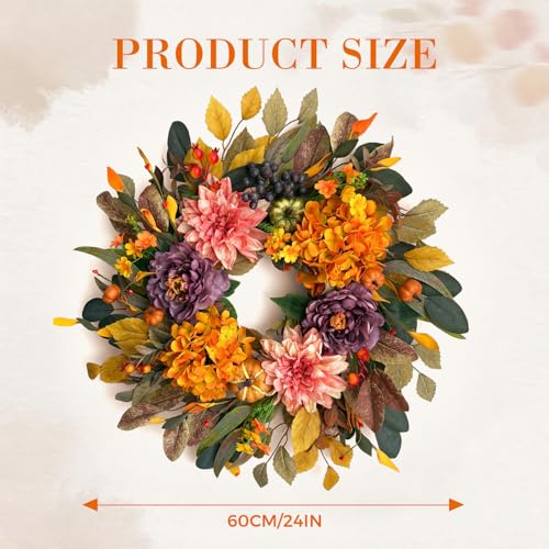 24 Inch Autumn Front Door Wreath with Artificial Flowers and Pumpkins