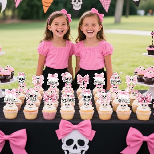 36pcs Gothic Birthday Cupcake Toppers - Pink Bow Skull Decorations for Halloween & Party