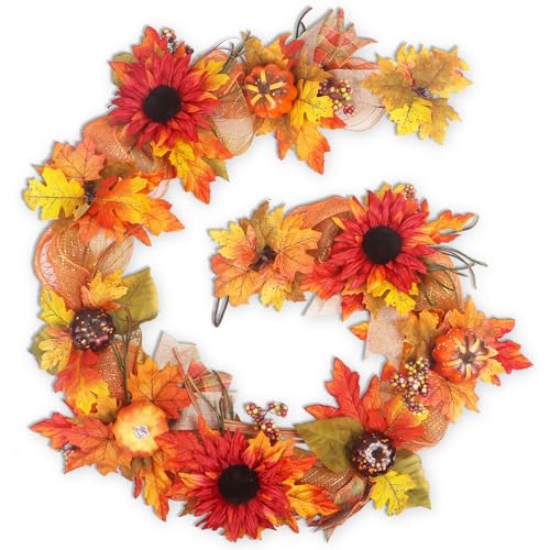 Fall Garland for Mantle - 6FT Autumn Leaves Pumpkin & Berries Garland with Ribbon - HM5594