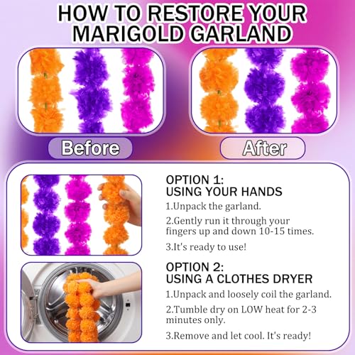 Artificial Marigold Garland 15 Pack - Orange, Dark Purple, Violet 5ft for Party Decor