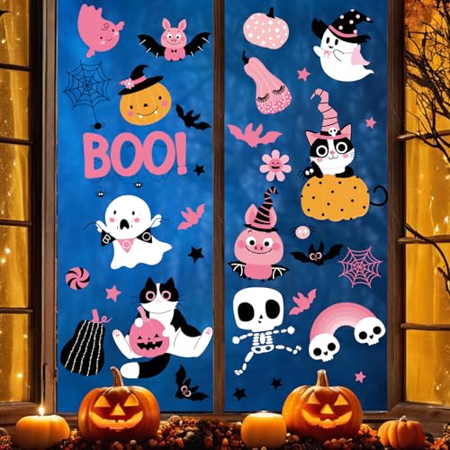 Pink Halloween Window Clings - Ghost, Pumpkin, Bat & Spider Decals - Variation of Halloween