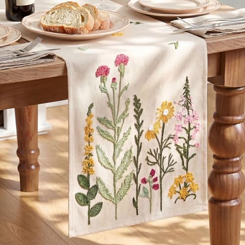 Beige Floral Embroidery Table Runner 13x90 Inch for Kitchen & Dining