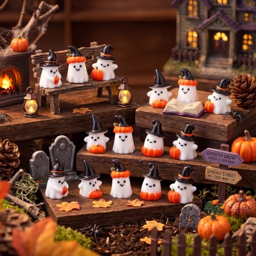 Halloween Pumpkin Ghost Figurines Set - Tiny Resin Ghost Decorations, 100 Pcs