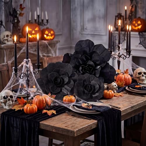 Giant Black Artificial Roses Set of 3 - Velvet Halloween Gothic Decor, 12-20 Inch Variation of Velvet Rose / Black