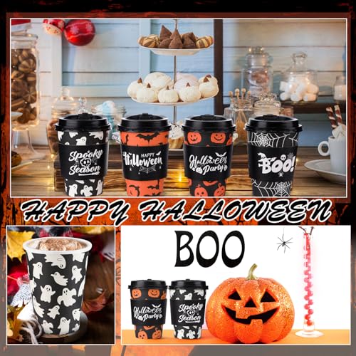 Halloween Disposable Coffee Cups Set - 12 oz with Lids, Sleeves & Straws - 100 Pack