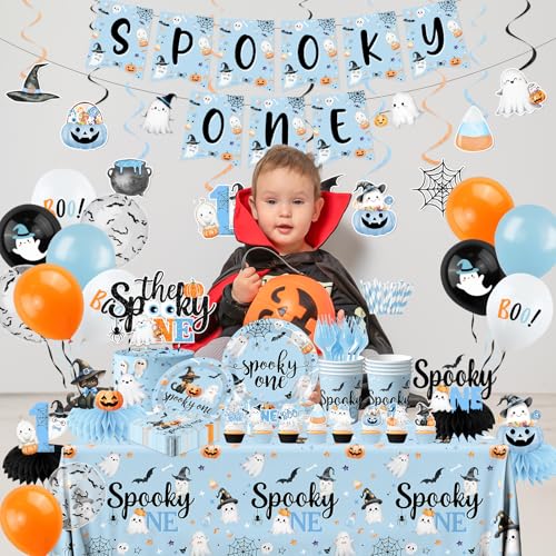 Halloween First Birthday Party Decorations Boy Blue Spooky Theme Set - Serves 24