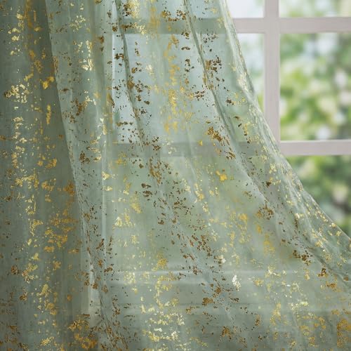 Sage Green Sheer Curtains 52x84in Set of 2 with Gold Sequin Accents - Room Decor