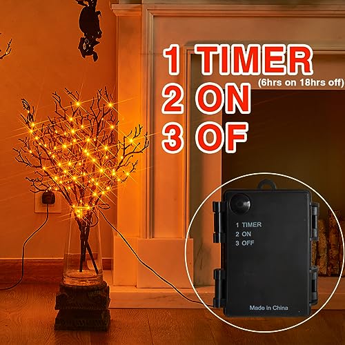 Black & Orange Lighted Halloween Branches with Timer - Indoor Outdoor Fairy Lights 21in 75L