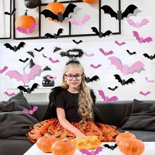 Halloween 3D Bat Wall Decals Set - Removable Pink & Black Bat Stickers for Indoor & Outdoor Decor - Variation: Bat