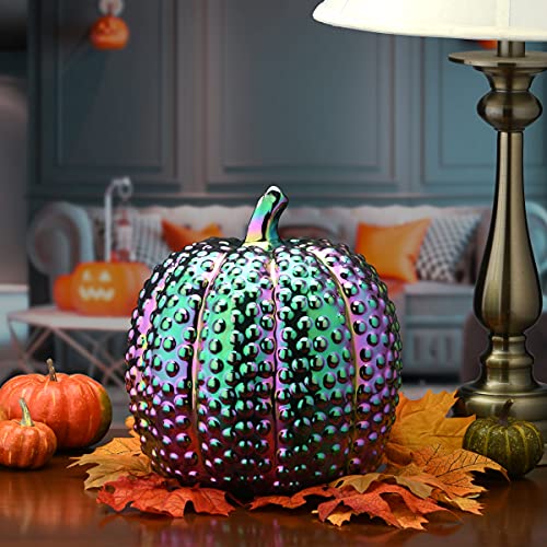 Iridescent Pumpkin Decoration - Halloween Festive Centerpiece, 10 Inch Ceramic