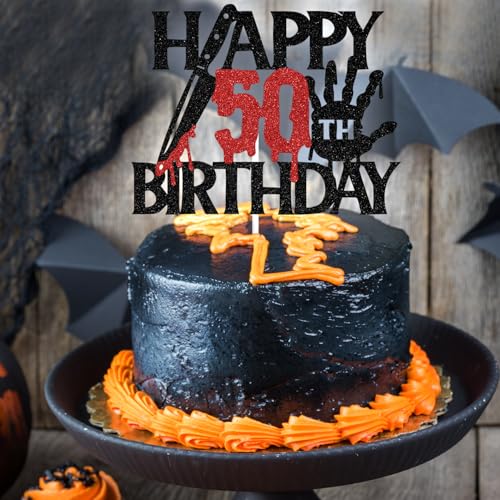 Black Glitter Killer Happy 50th Birthday Cake Topper - Halloween Horror Theme - Variation 50