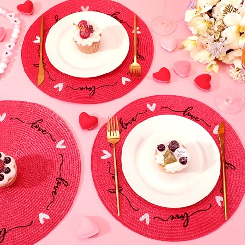 Valentine Heart Placemats Set of 6 - Red Love Design, Waterproof Table Mats, 13.4 Inch
