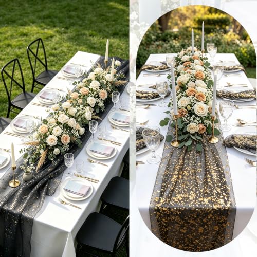 Black Gold Glitter Gauze Table Runner 120 Inch Metallic Sheer Decor - Variation: Black Gold
