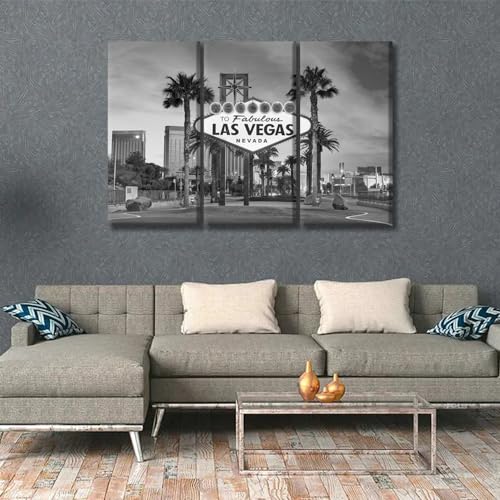 Las Vegas Night Scene Canvas Wall Art Set - 3 Panels Framed Ready to Hang 40x60 Inches - Black & White Landscape Decoration