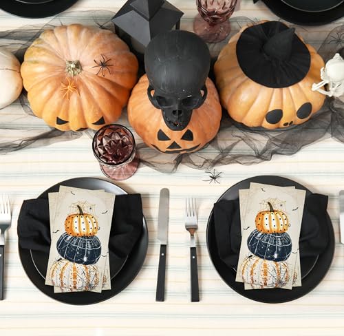 Halloween Guest Napkins Set - 100 Assorted Pumpkin, Bat & Web Designs, Disposable Party Tableware