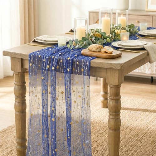 28 x 120 Inch Dark Blue Gauze Table Runner Set of 6 - Glitter Metallic Holiday & Wedding Decor
