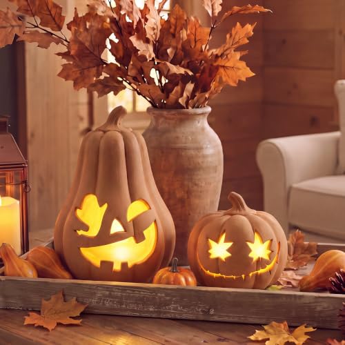 Set of 2 Terracotta Halloween Pumpkins with LED Lights - Indoor & Outdoor Decor