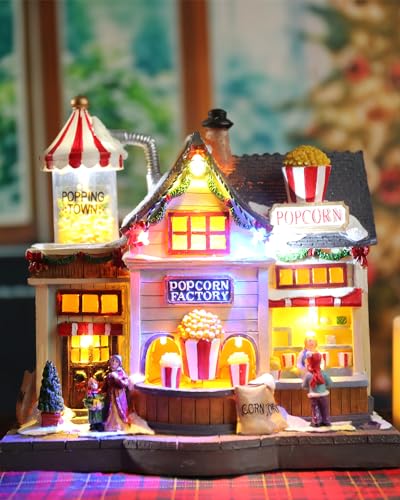 Christmas Village Lighted Decoration Animated Display Musical Popcorn Factory Whimsical