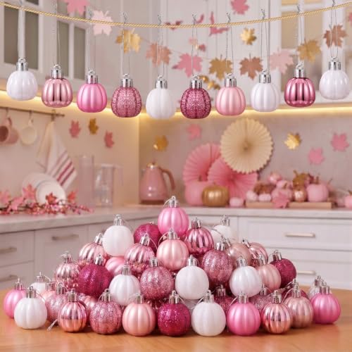 Pink Fall Pumpkin Ornaments Set of 36 - Glitter, Matte & Glossy Styles