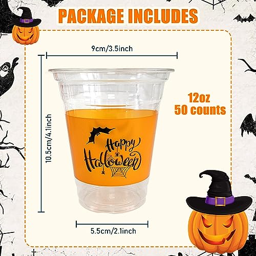 Halloween Party Cups - 50 Clear 12oz Plastic Disposable & Reusable Drinkware