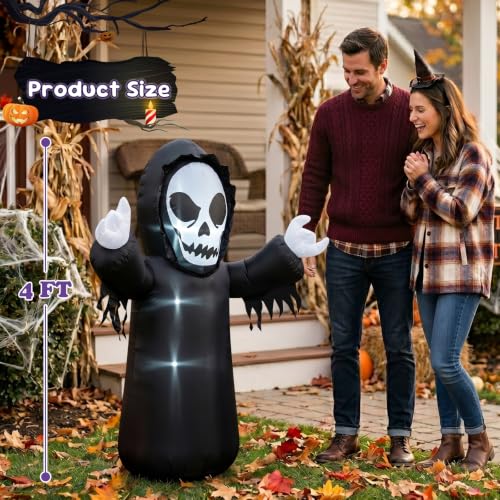 Halloween Grim Reaper Inflatable Decoration with Built-in LEDs - 4FT, Spooky Outdoor Decor