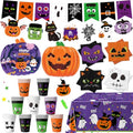 Halloween Party Supplies Set - Pumpkin Paper Plates Cups Napkins Banner Tablecloth - 74 Pieces for Festive Celebration
