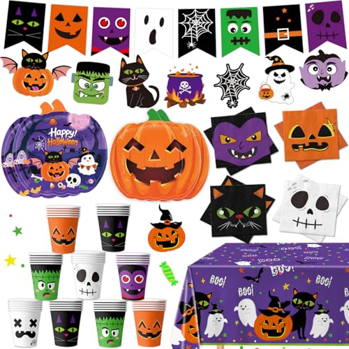 Halloween Party Supplies Set - Pumpkin Paper Plates Cups Napkins Banner Tablecloth - 74 Pieces for Festive Celebration