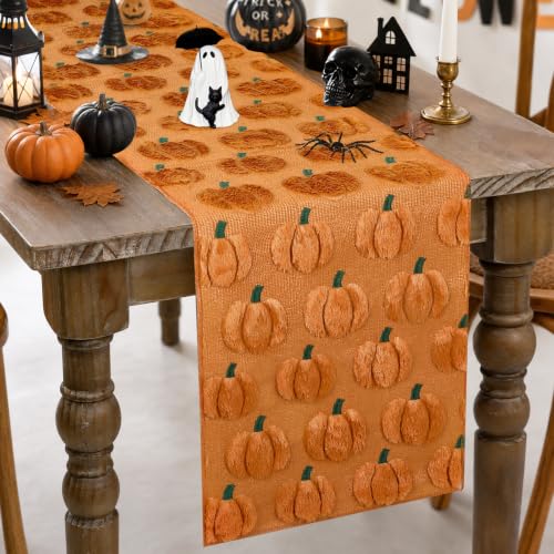 Caramel Pumpkin Faux Fur Halloween Table Runner 13x72 Inch - Fall Decor - Pumpkin Design