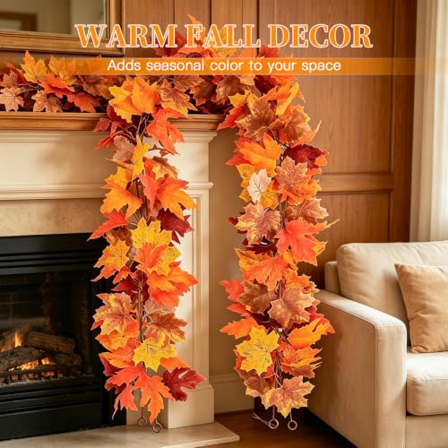 Fall Garland Artificial Maple Leaves 2-Pack Orange 5.9Ft for Festival Decor