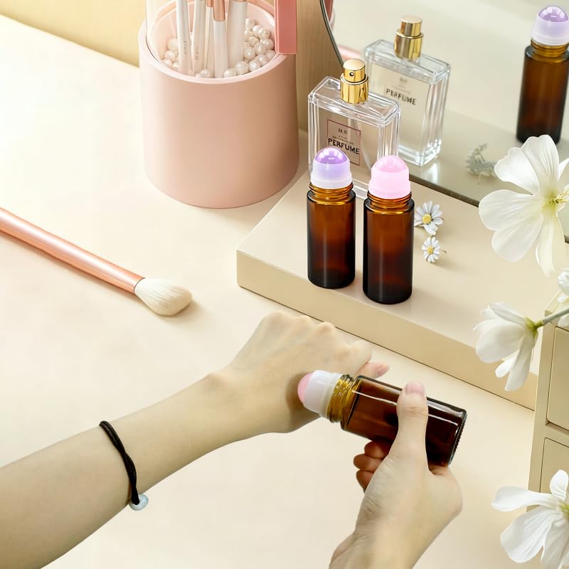 Warmify2 Pack Rose Quartz Roller Bottles for Essential Oils, 50ml Refillable Amber Glass Roll On Bottles with Natural Crystal Roller Balls, Leak-Proof Travel Perfume Bottle with Gold Caps